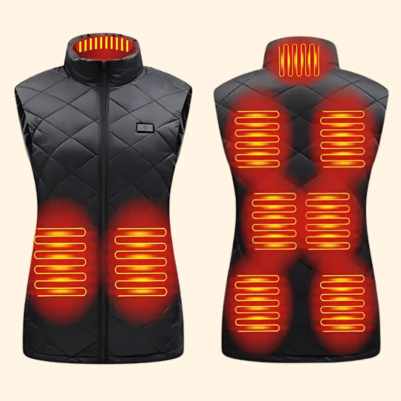 Front and back views of a women’s heated gilet with glowing heating zones on the chest, back, and collar.