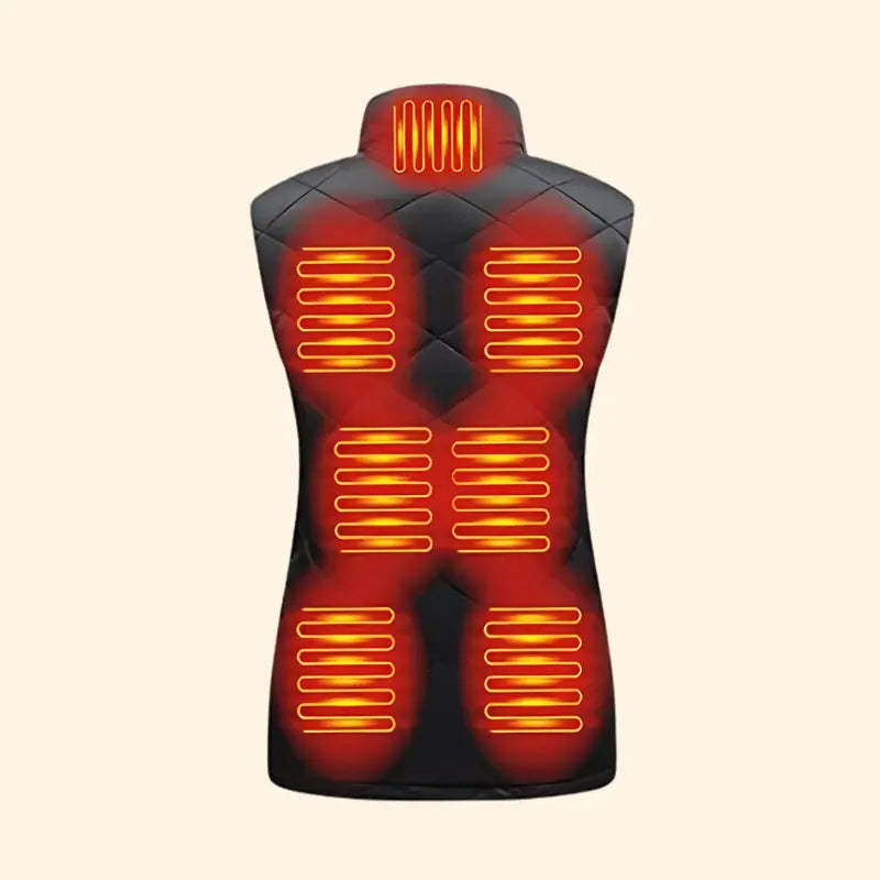 Back view of a women’s heated gilet with glowing heating elements on the back and collar.