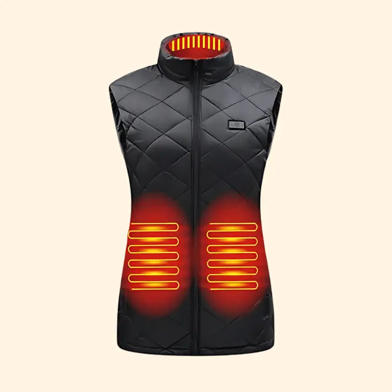 Front view of a women’s heated gilet highlighting glowing heating areas on the chest and collar.