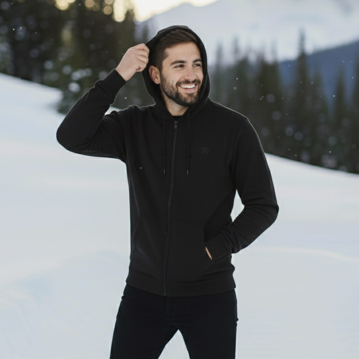Person wearing ToastyBody heated clothing outdoors