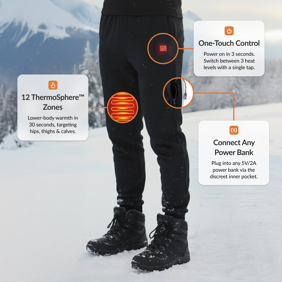 Heated Base Layer Pants Heating Zones