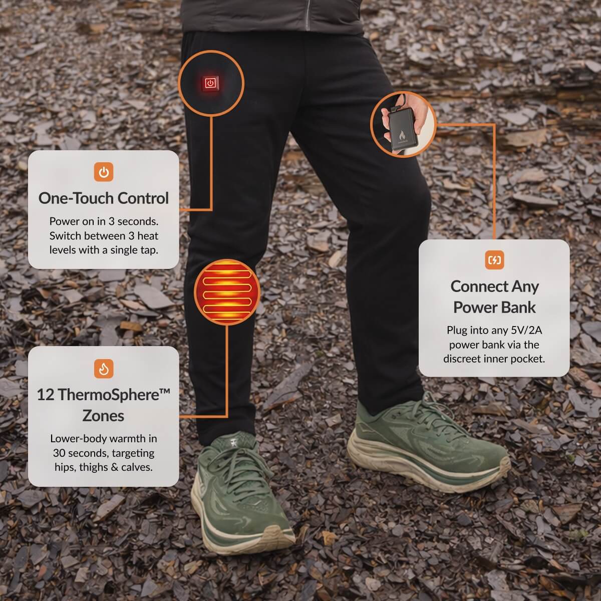 Lifestyle image of heated base layer pants being worn